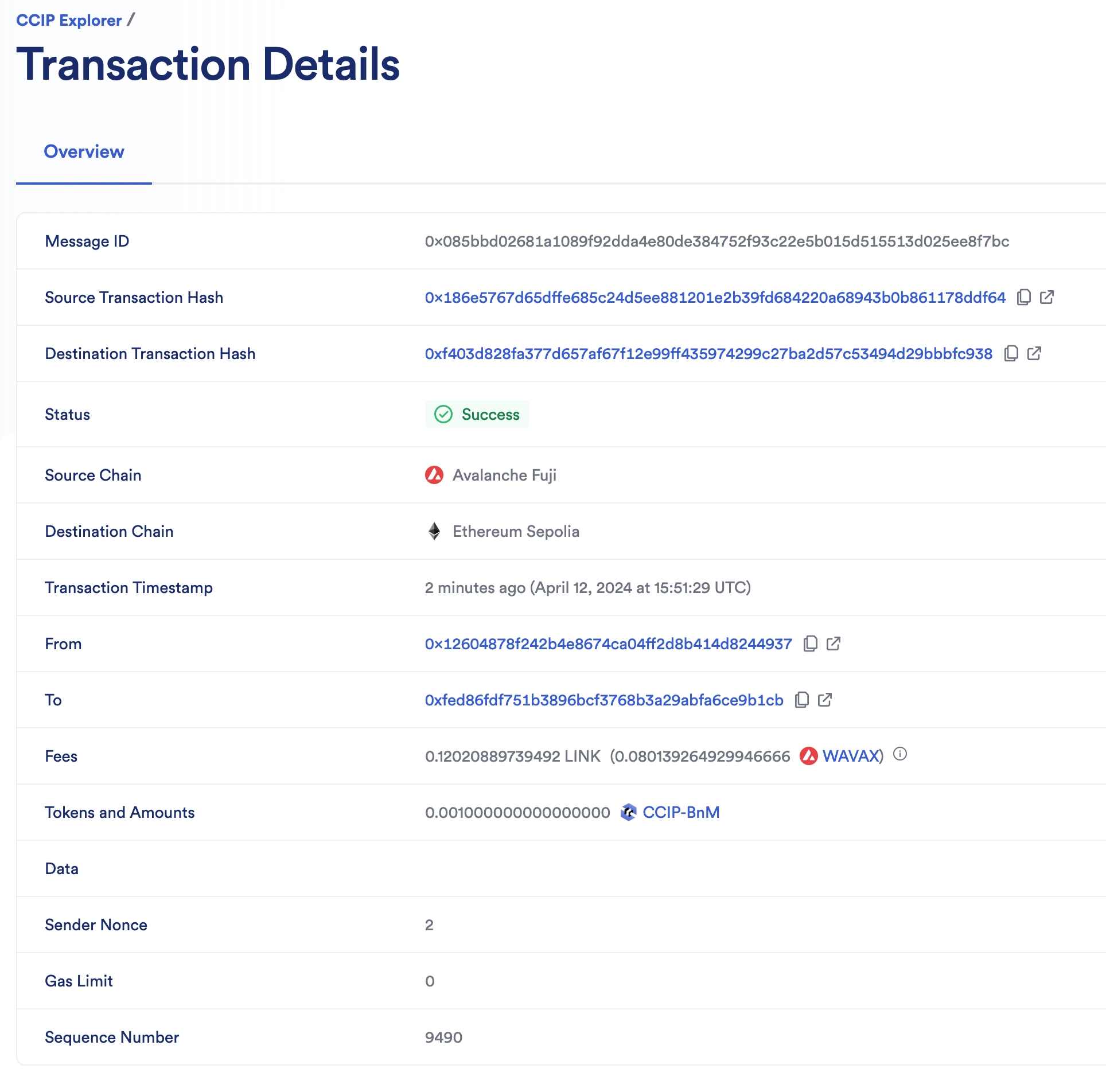 Chainlink CCIP Explorer transaction details success